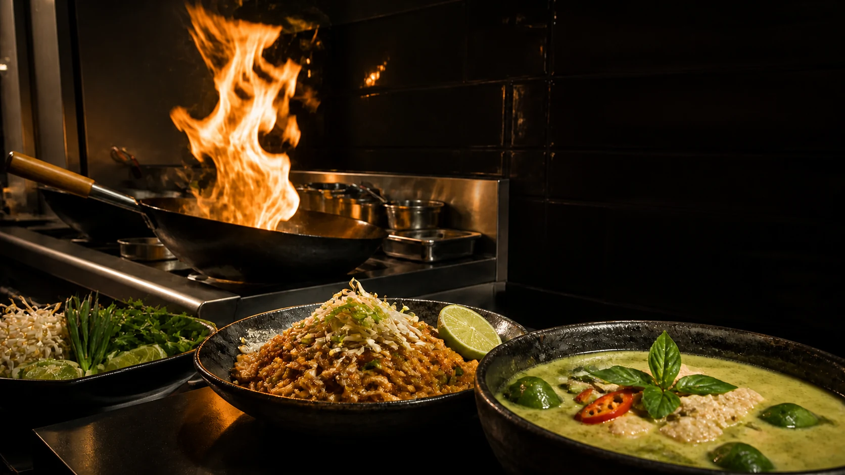 Wokflamme hinter Pad Thai und grünem Thai-Curry