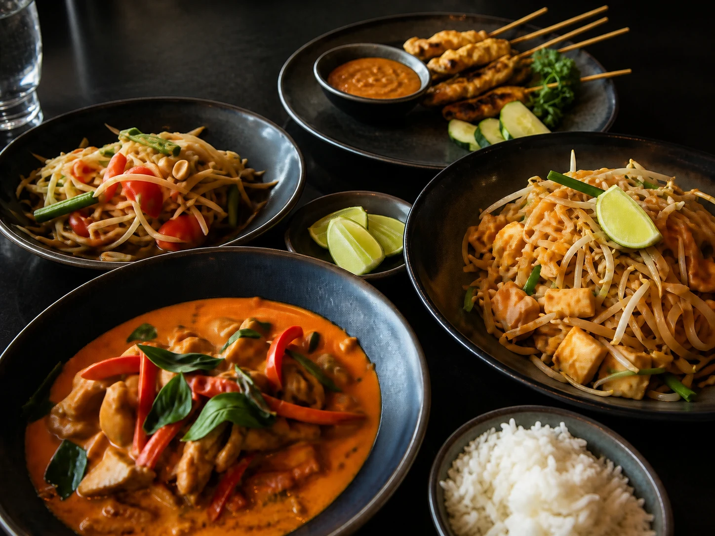 Thai-Tafel mit Pad Thai, Paneng Curry und Satay